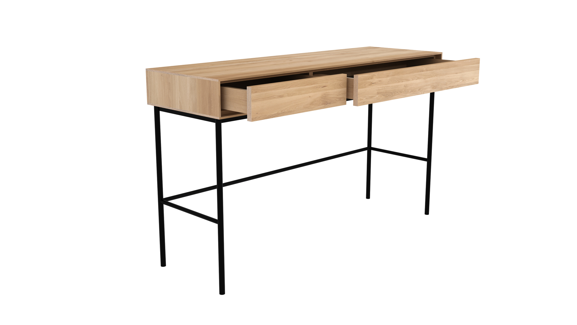 Whitebird Schreibtisch von Ethnicraft aus hellem Holz mit zwei offenen Schubladen und schwarzem Metallgestell.
