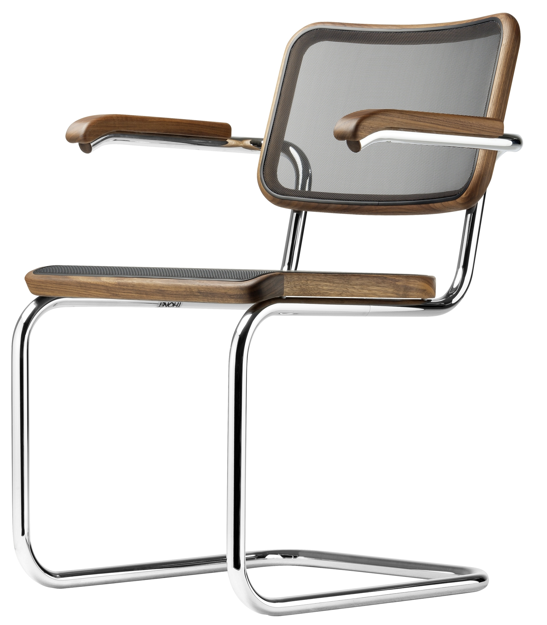 S 64 N Thonet Freischwinger Stuhl mit Stahlrohrgestell, Holzarmlehnen und Netzbespannung. Klassisches Design für Büro und Wohnbereich.
