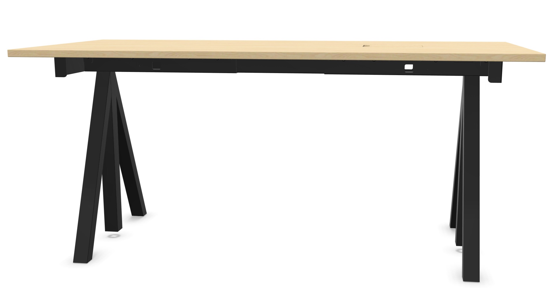 Wordesk Table Schreibtisch von String Furniture mit hellem Holz und schwarzem, modernem T-förmigen Gestell.