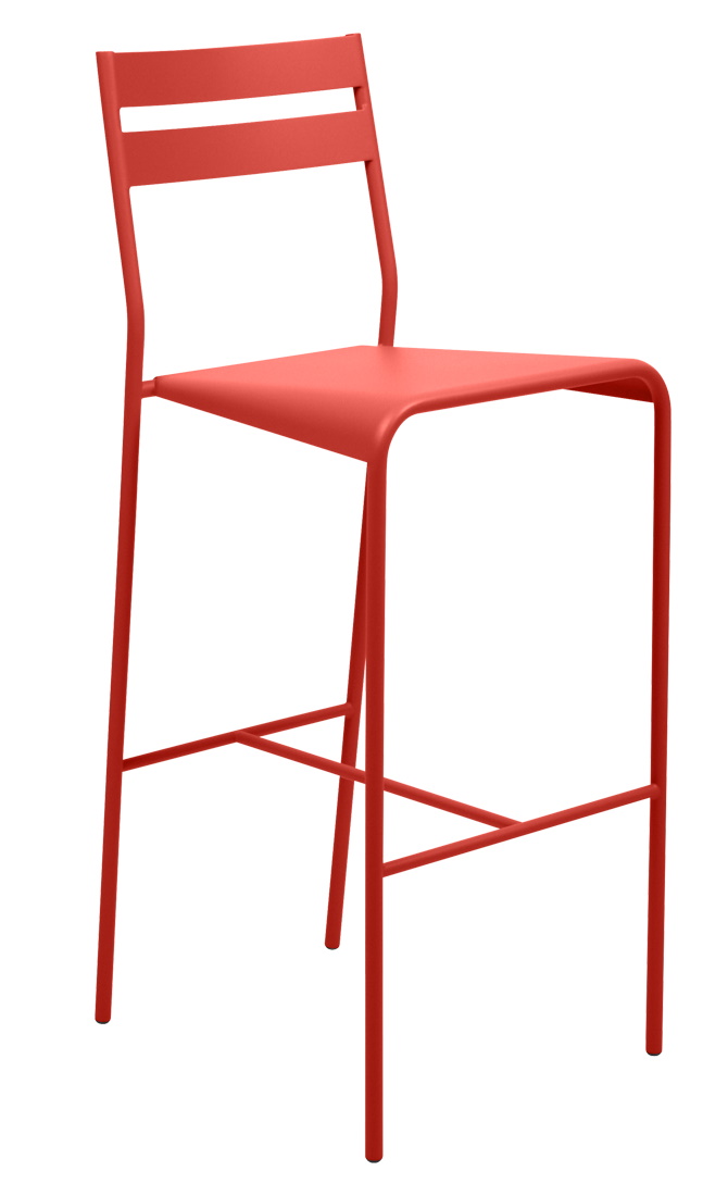 Roter Facto Barstool Barhocker von Fermob für den Außenbereich, minimalistisches Design mit Rückenlehne.