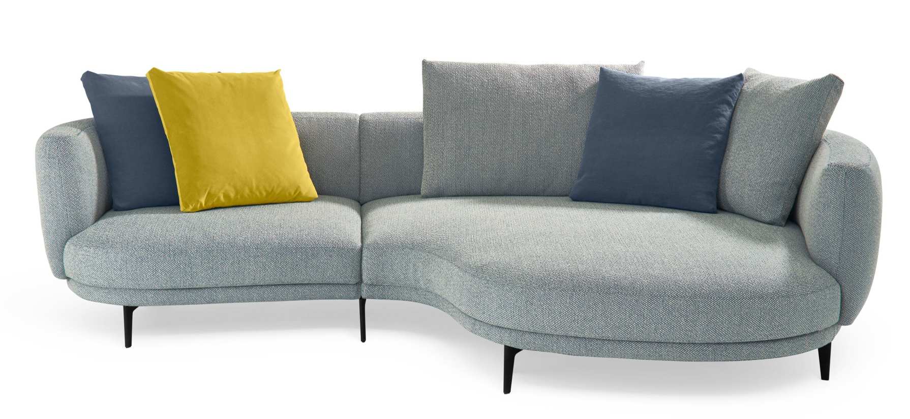 Marru Sofa von Walter Knoll, hellgraues modulares Ecksofa mit farbigen Zierkissen und schwarzen Füßen.