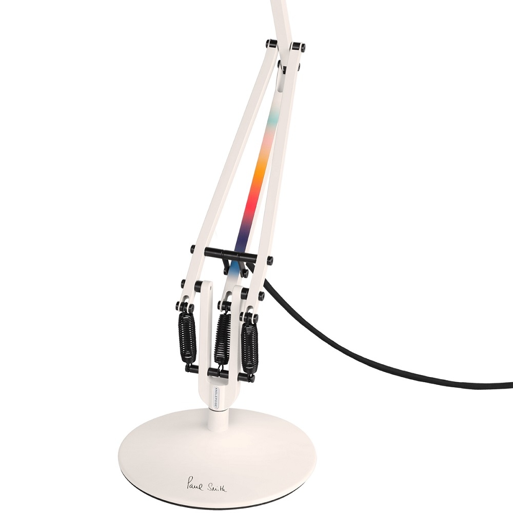 Weiße Type 75 Mini Paul Smith Edition Tischleuchte von Anglepoise mit farbigem Akzent.