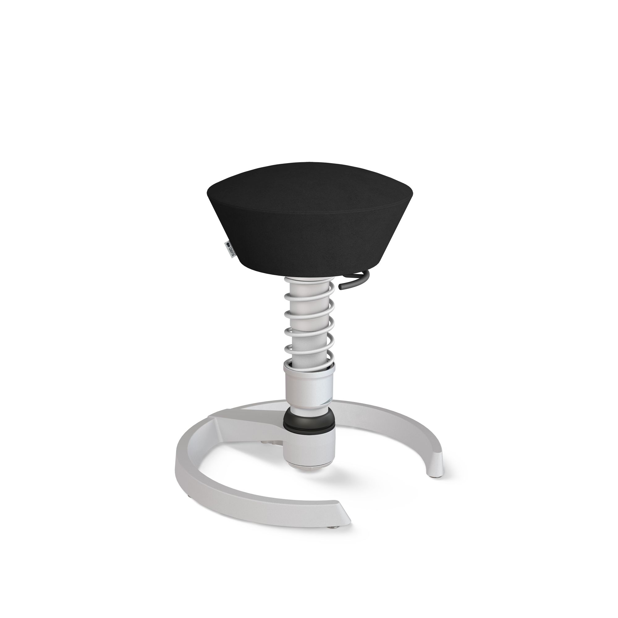 Aeris Swopper Aktiv-Hocker in Schwarz mit Federbein und weißem Fußkreuz für ergonomisches Sitzen.