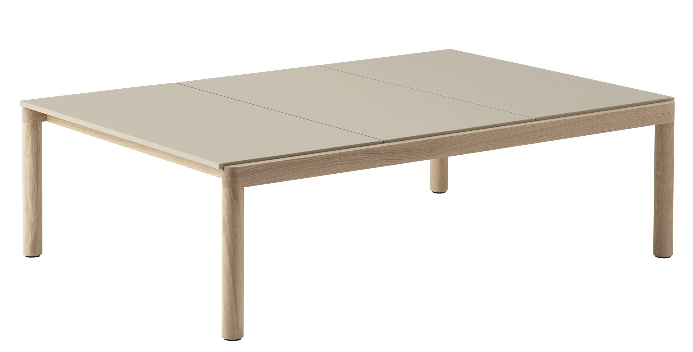 Muuto Couple Coffee Table Couchtisch: Rechteckiger Wohnzimmertisch aus hellem Holz und beiger Tischplatte.