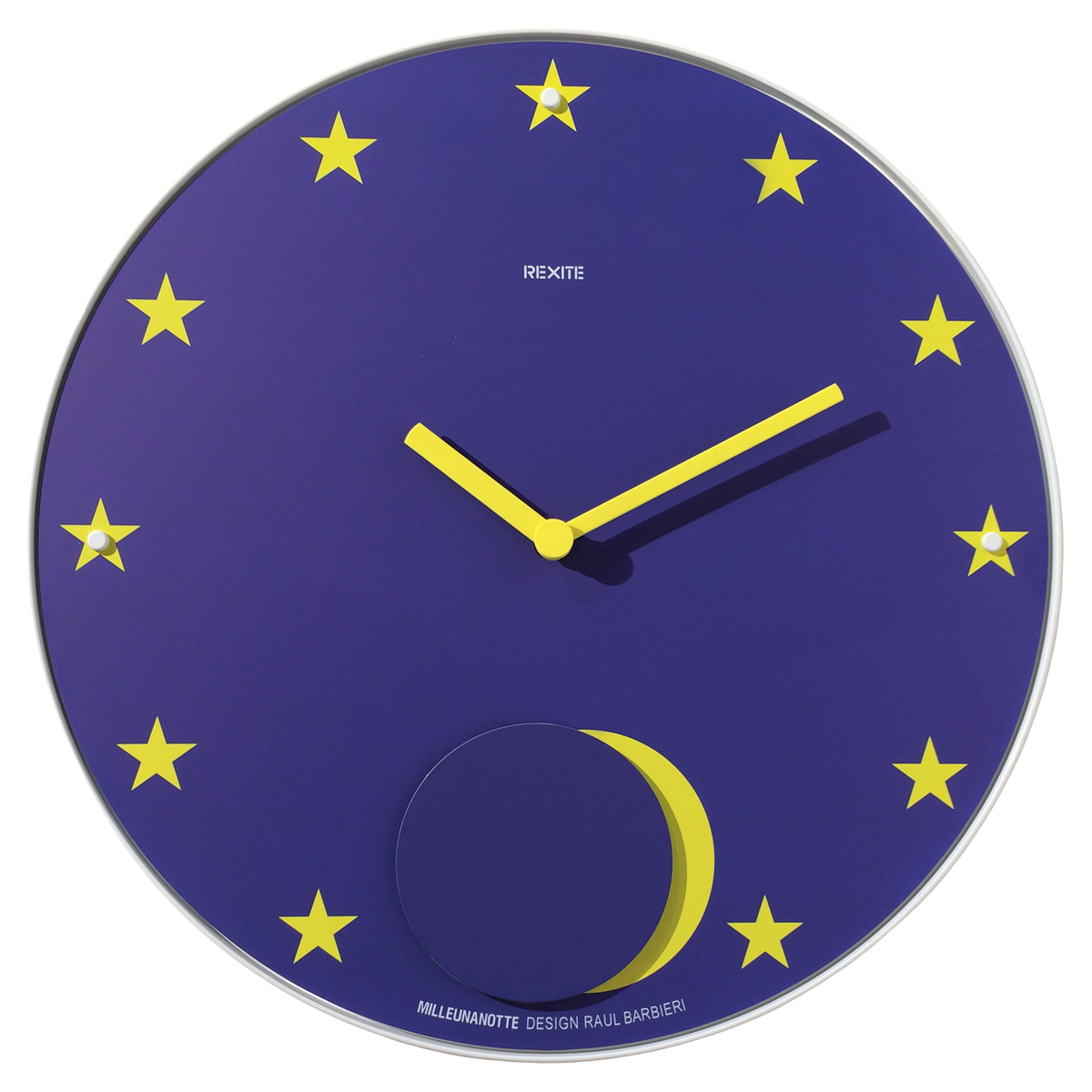 Appuntamento Wanduhr von Rexite: Blaue Designer-Uhr mit gelben Sternen, Mondphase und Zeigern für modernes Wohnen.