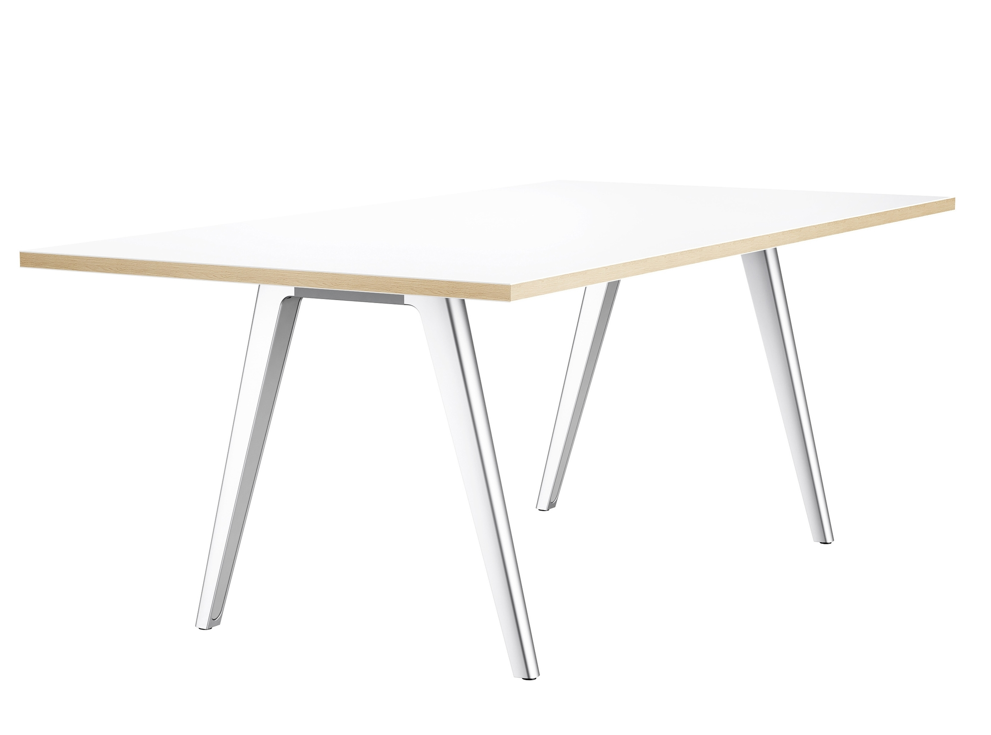 Weißer Thonet Tisch 1500 mit hellen Holzdetails und silbernen Beinen, ideal für moderne Büros.