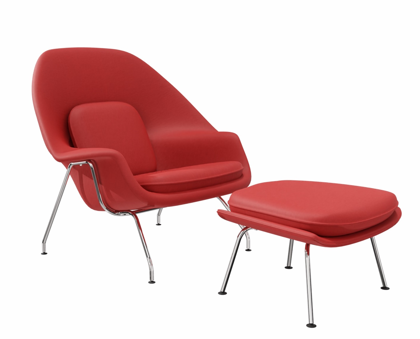 Roter Womb Chair Sessel mit Hocker von Knoll International, moderner Designklassiker mit Chromgestell.