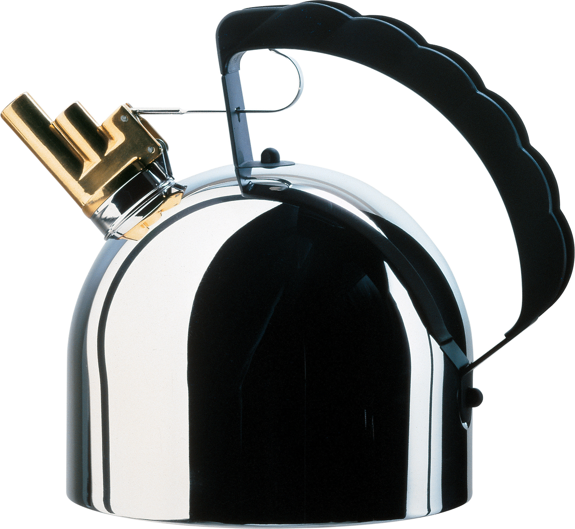 Glänzender Alessi 9091 FM Wasserkessel aus Edelstahl mit schwarzem Griff und goldfarbener Pfeife.