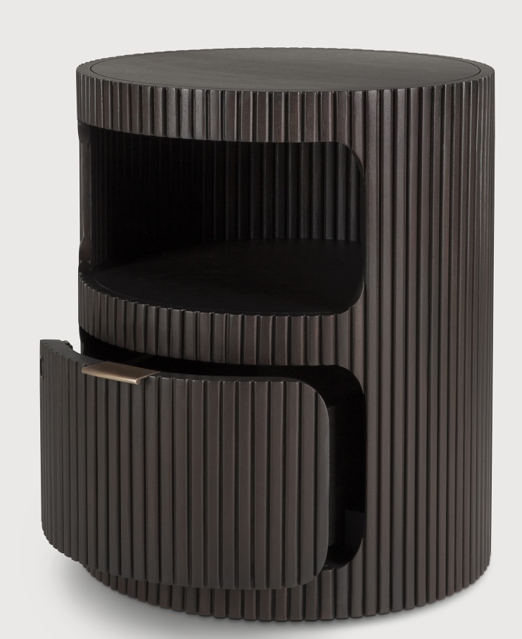 Boomerang Rollcontainer von Ethnicraft, runder Nachttisch aus dunklem Holz mit Schublade und Ablagefach.