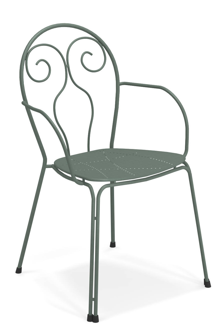 Caprera Stuhl von Emu für den Garten, grüner Metallstuhl mit Armlehne und Lochmuster.