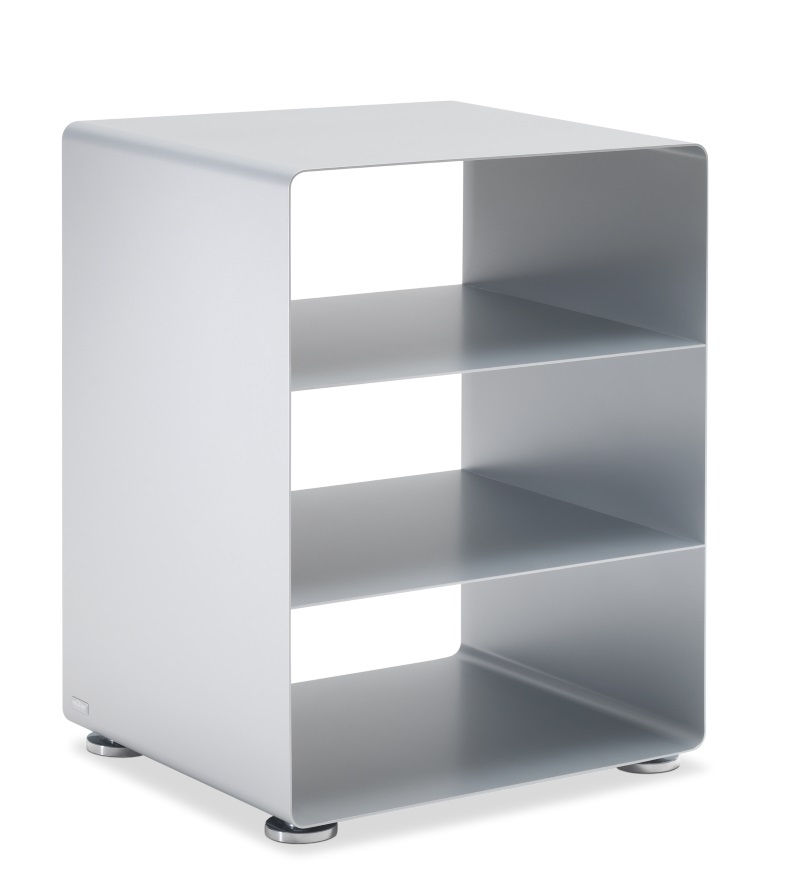 Silbernes R 600N Hifi-Rack von Müller Möbelfabrikation mit drei Regalböden und Füßen.