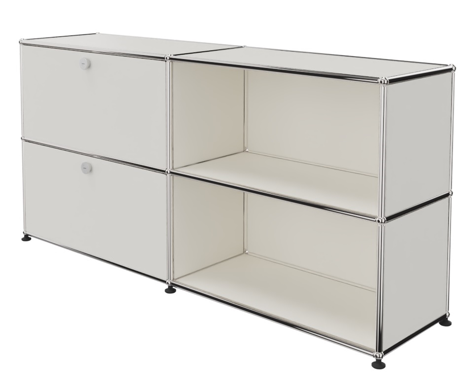 USM Haller Sideboard in Reinweiß mit zwei offenen Fächern und zwei Klappen links.