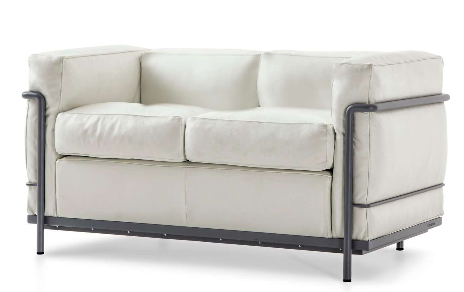 Cassina Zweisitzer Sofa Grand Confort Petit Modèle in Weiß mit Stahlrohrrahmen, modernes Design.