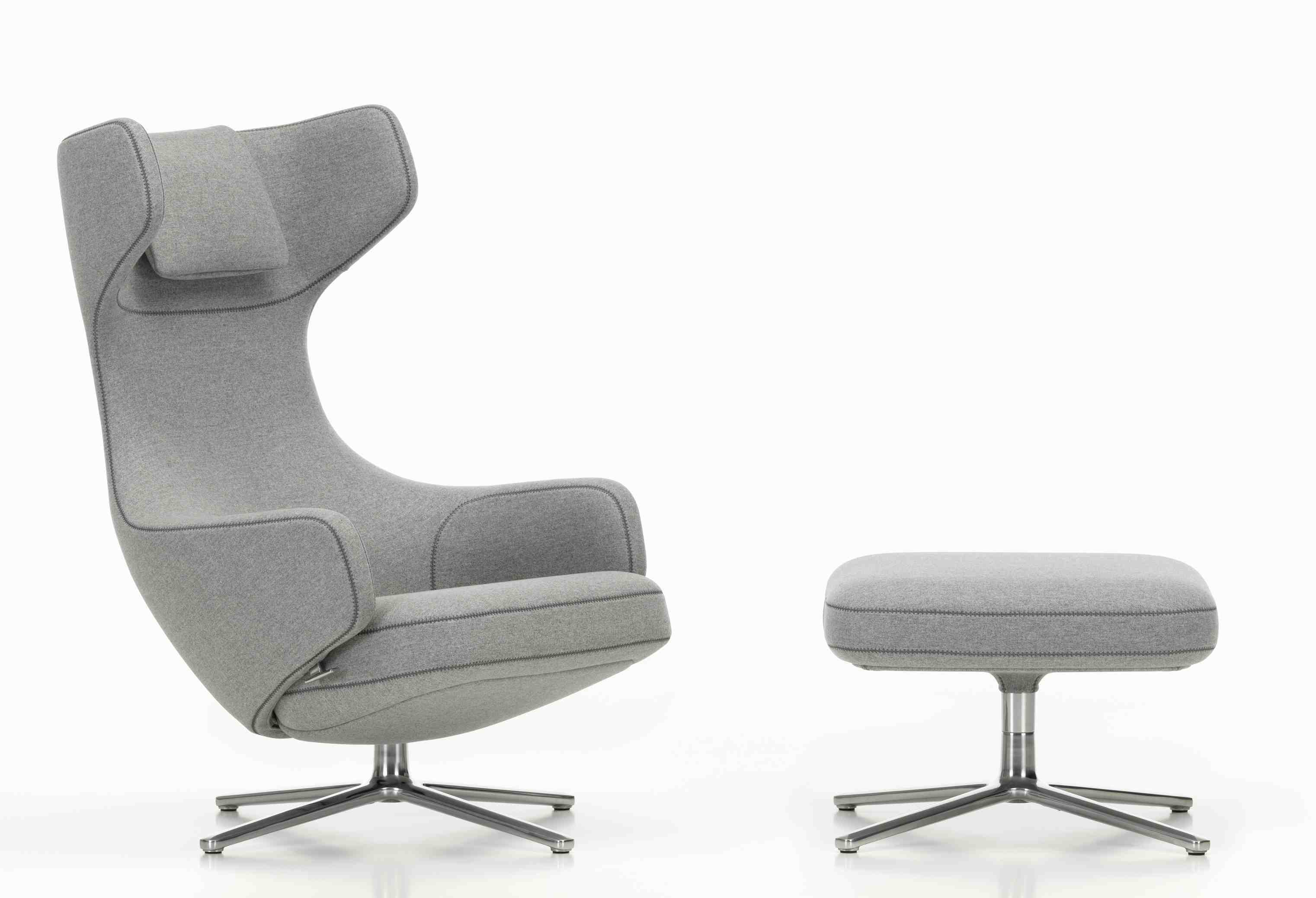Grand Repos Sessel mit Ottoman von Vitra in Kieselstein Grau, moderner Relaxsessel mit Fußhocker.