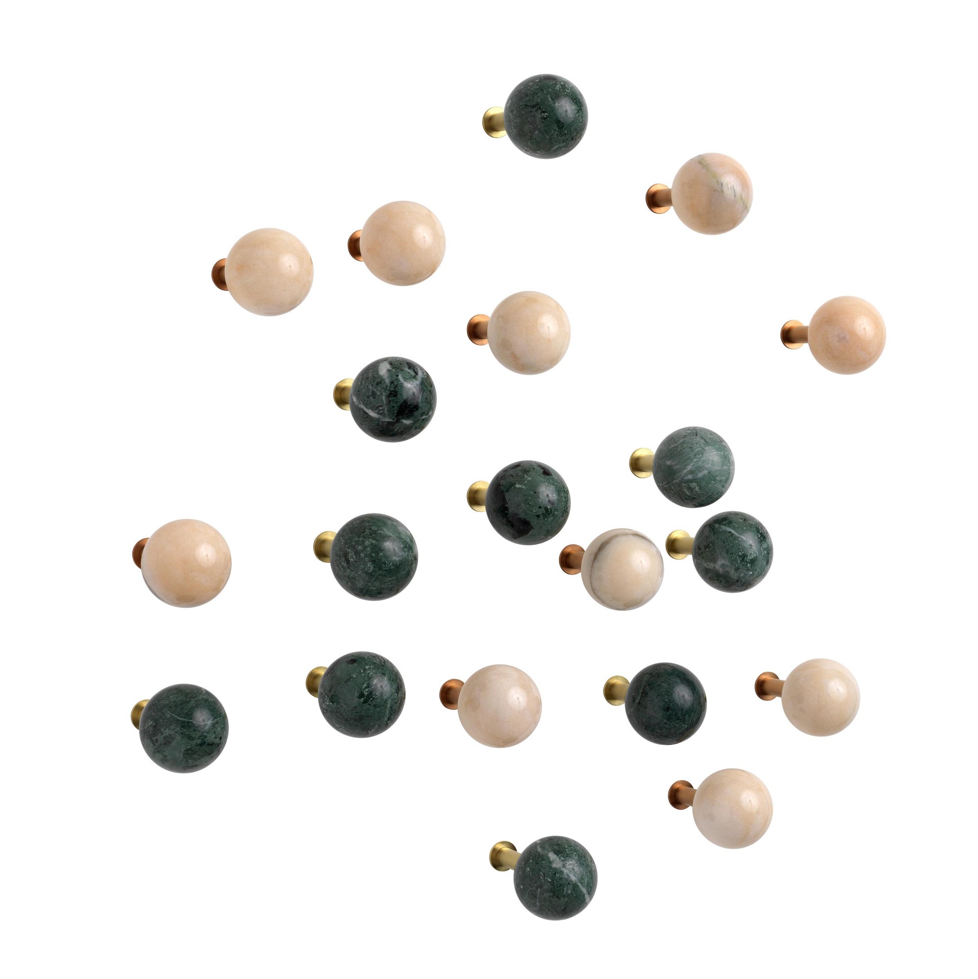 Nahaufnahme von Schönbuch Dots Stone Wandhaken in Schwarz und Beige, moderne Wanddekoration.