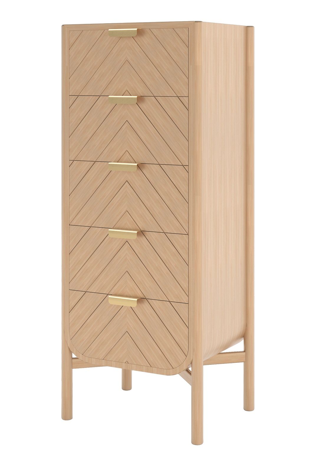 Hartô Marius Chiffonier Kommode aus hellem Holz mit fünf Schubladen und goldenen Griffen.