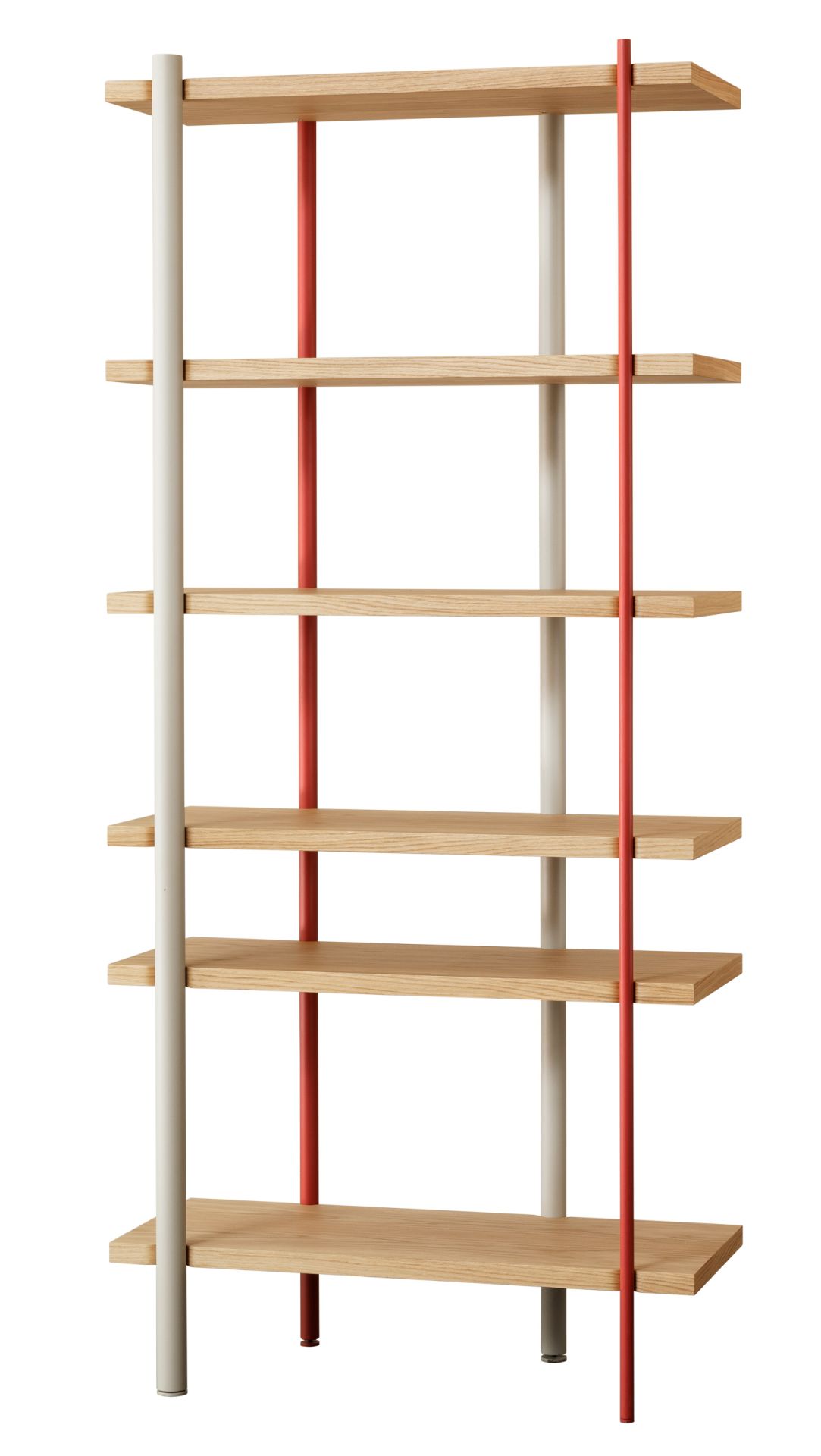 Milonga Regal von Miniforms: Modernes Holzregal mit roten und grauen Metallelementen.