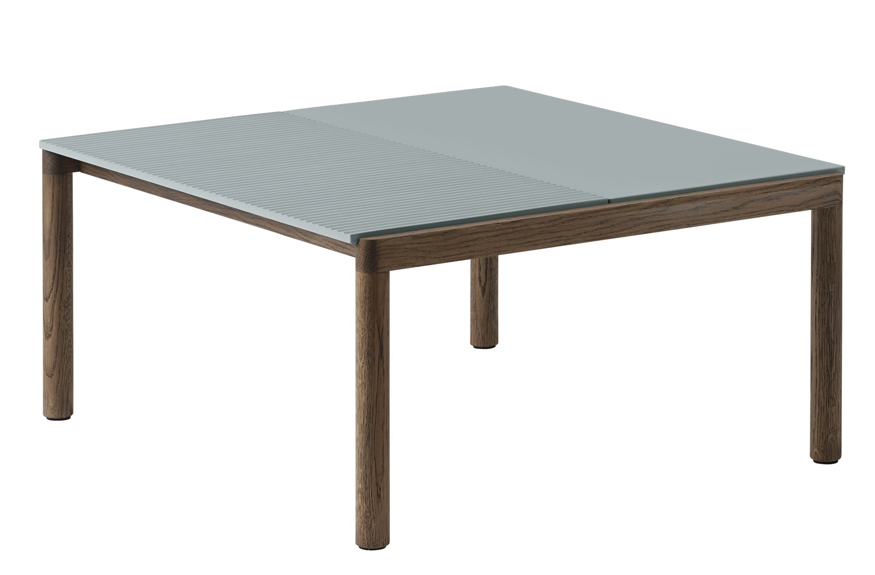 Muuto Couple Coffee Table Couchtisch mit grauer Tischplatte und Holzgestell, modernes Wohnzimmer Design.