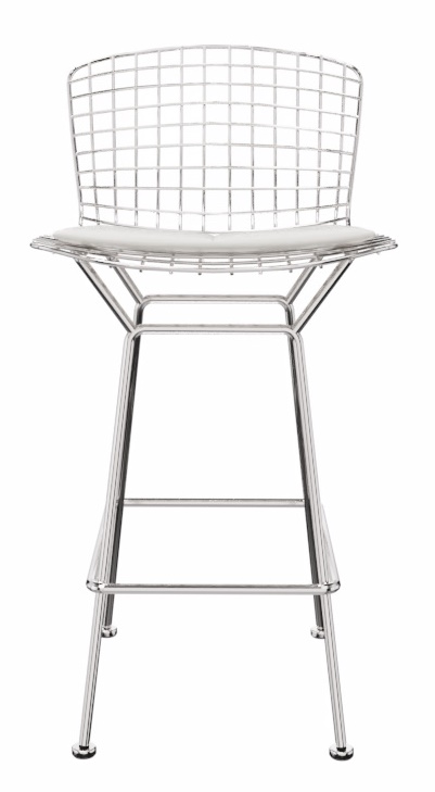 Bertoia Barhocker von Knoll International mit verchromtem Drahtgestell und weißem Sitzkissen, Frontansicht.