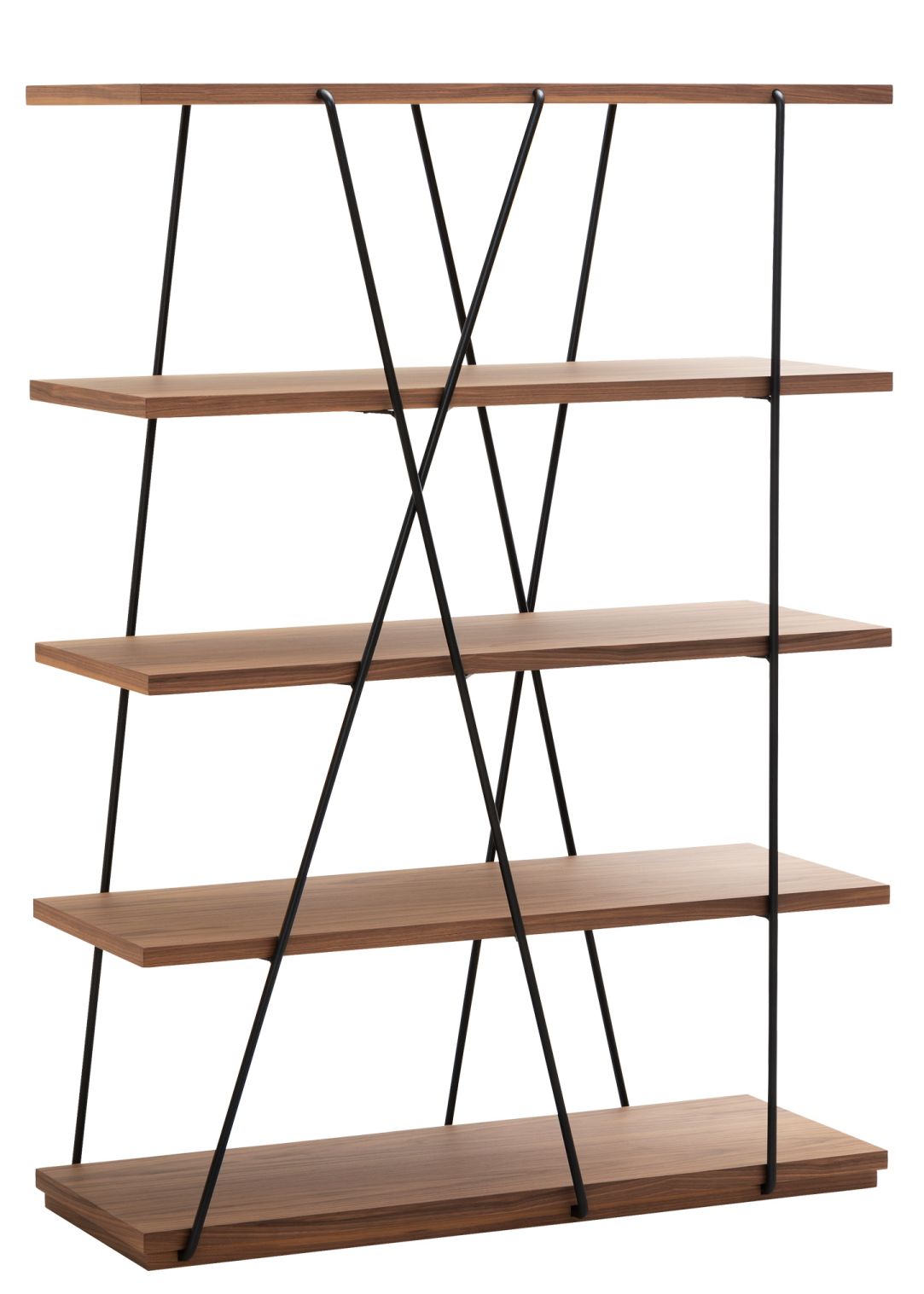 Matassa Regal: Freistehendes Bücherregal aus Walnussholz mit schwarzem Metallgestell, modernes Design.