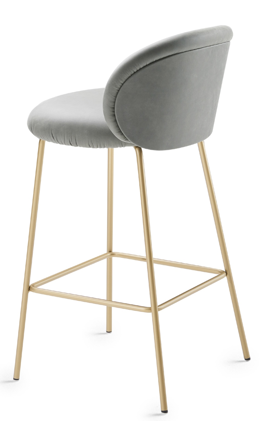 Ona Counterstool Barhocker von Freifrau Manufaktur, grauer Samtbezug, goldenes Metallgestell, modernes Möbeldesign für Bar und Küche.