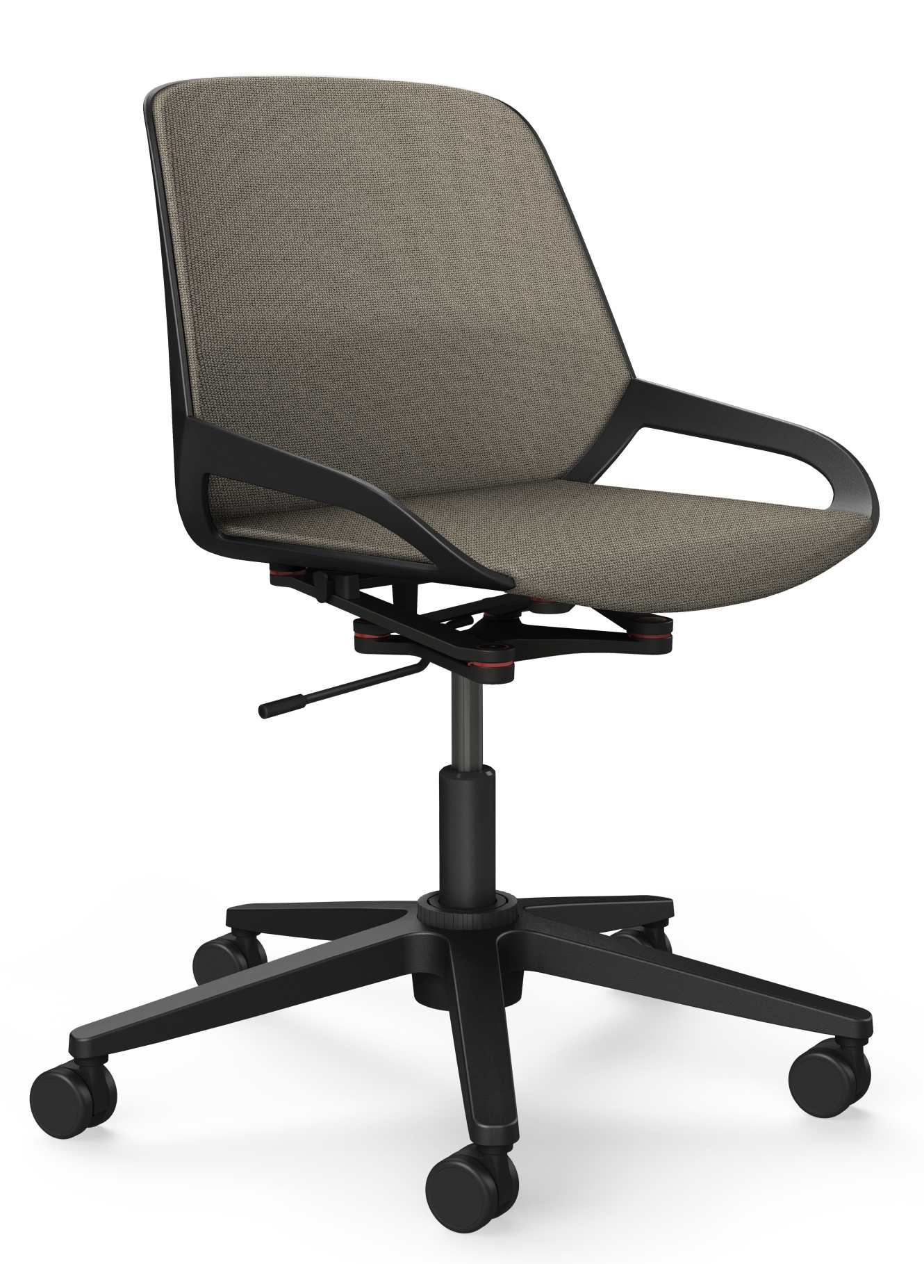 Numo Task Bürodrehstuhl von Aeris mit grauer Polsterung, schwarzem Gestell, Säule und Rollen. Ergonomischer Bürostuhl für gesundes Sitzen.