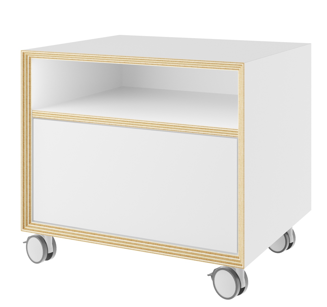 Vertiko Kommode von Müller Möbelwerkstätten, kleine weiße Nachttisch Kommode mit Schublade und Rollen.