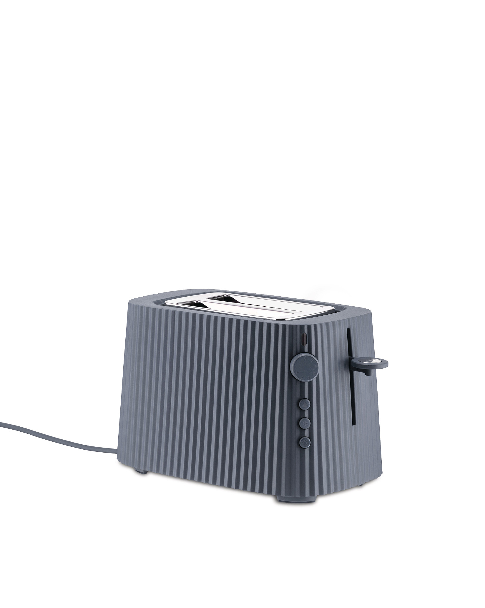 Schwarzer Alessi Plissé Toaster MDL08 B: Design Toaster mit Rillenstruktur für knusprige Toastscheiben.