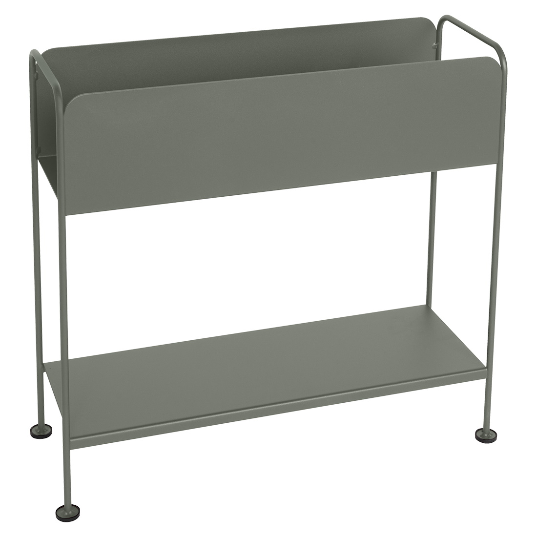 Grauer Picolino Blumentopf von Fermob für den Außenbereich, modernes Design mit zwei Ablageflächen.