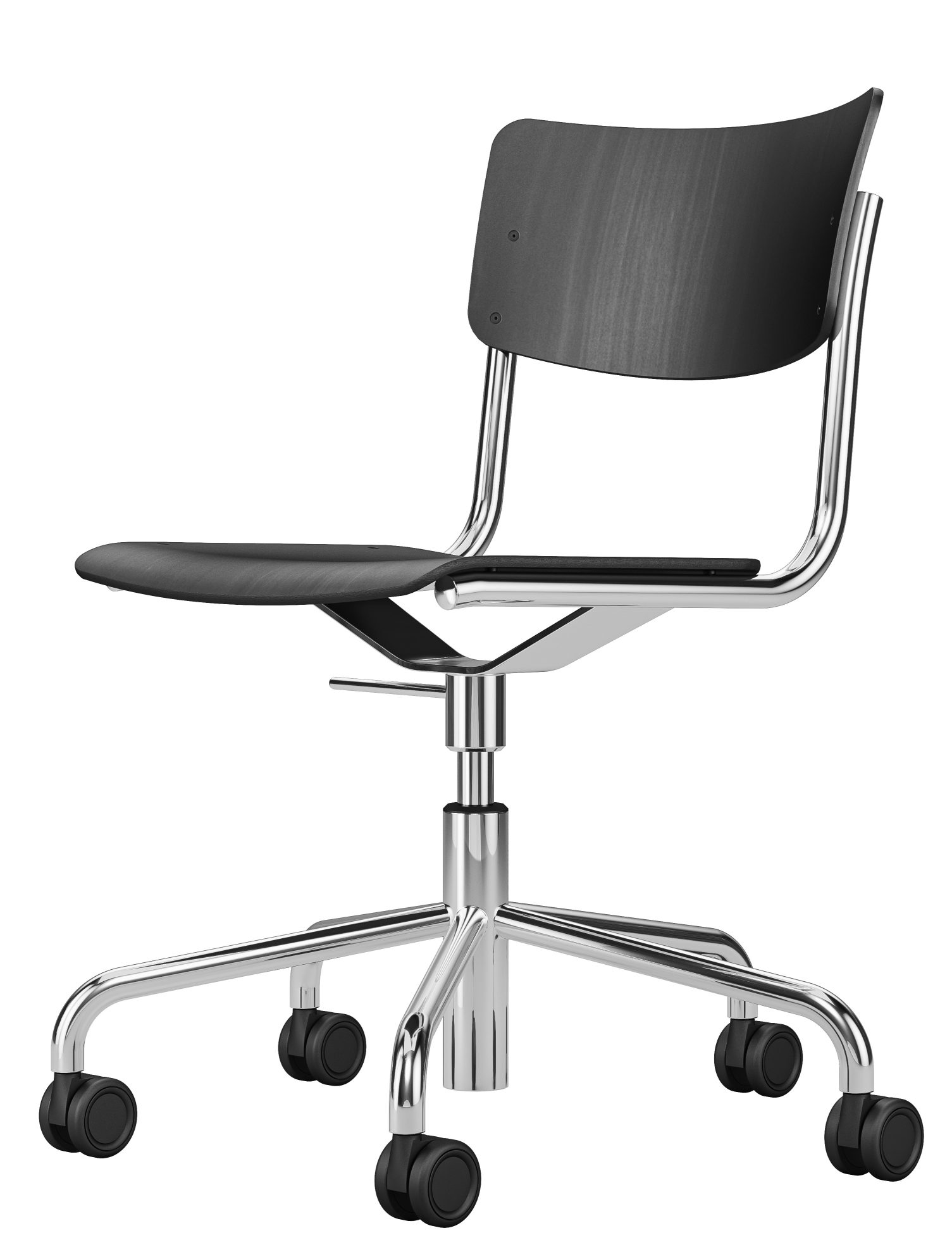 S 43 Thonet Drehstuhl mit schwarzer Holzschale und verchromtem Stahlrohrgestell auf Rollen.