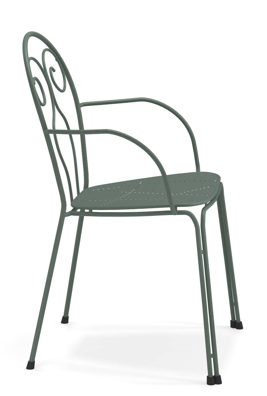 Caprera Stuhl Outdoor Emu, grüner Metallstuhl mit Armlehnen und filigranem Design für Garten und Terrasse.