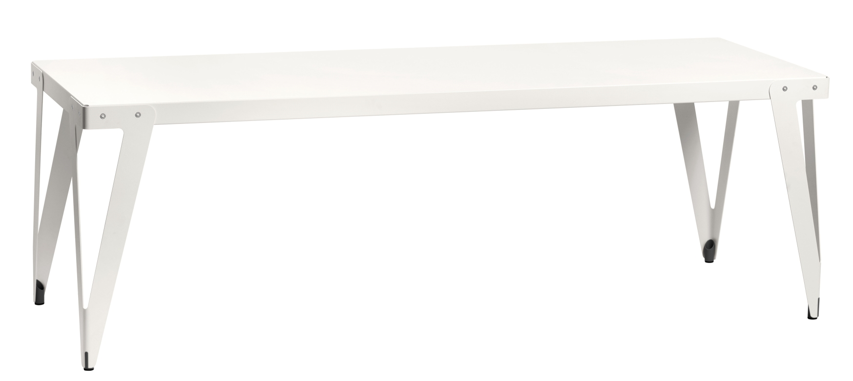Weißer Lloyd Outdoor Table Tisch mit minimalistischem Design und markanten, schrägen Beinen.