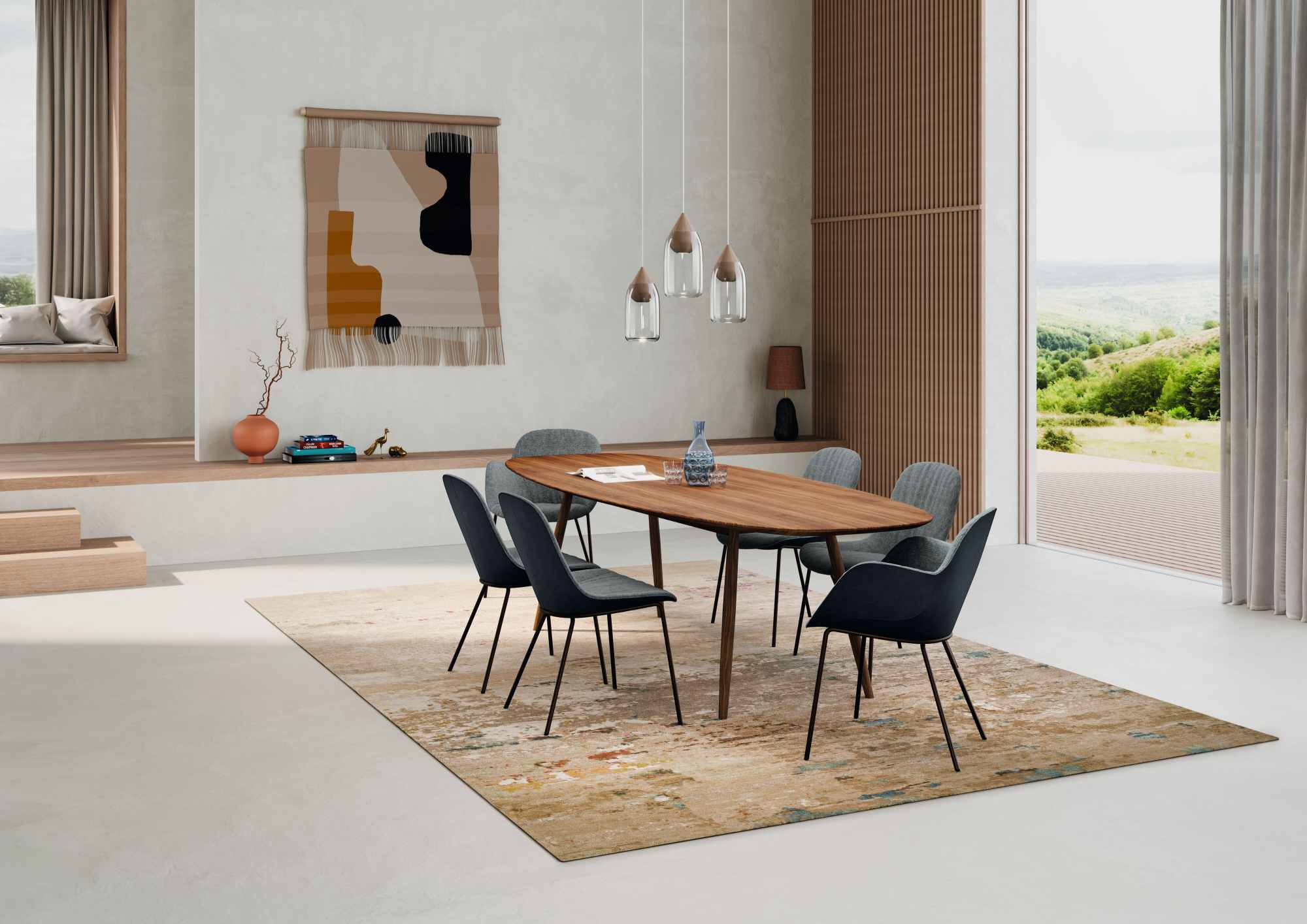 Ovaler Esstisch von Walter Knoll, Modell Moualla Table, mit Stühlen in modernem Esszimmer.