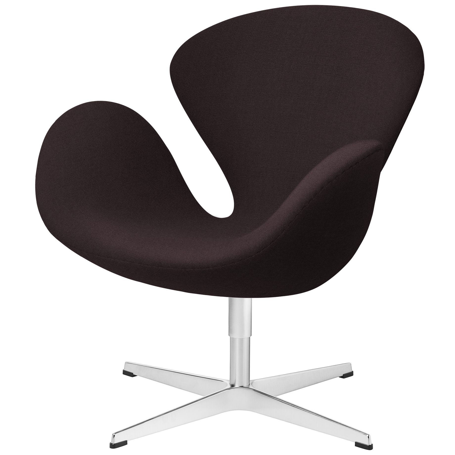 Brauner Schwan Sessel von Fritz Hansen mit Drehfuß aus Aluminium vor schwarzem Hintergrund.