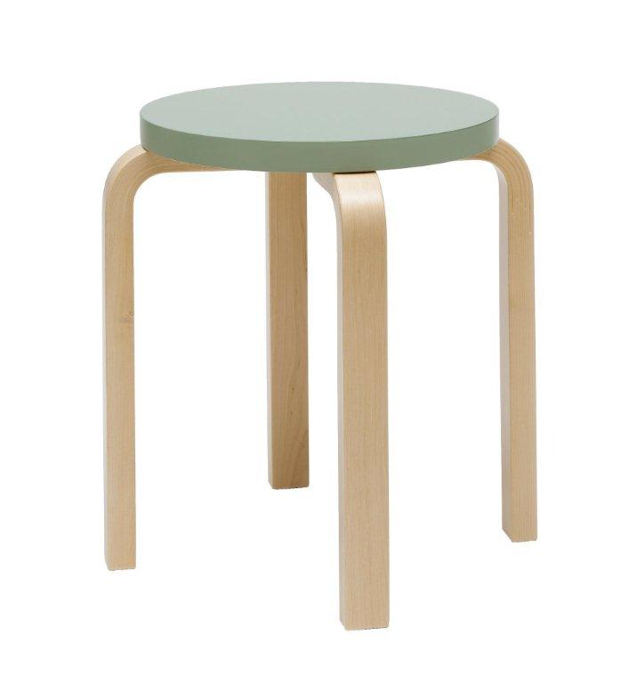 Artek E60 Hocker aus Birkenholz mit runder, mintgrüner Sitzfläche, skandinavisches Design.