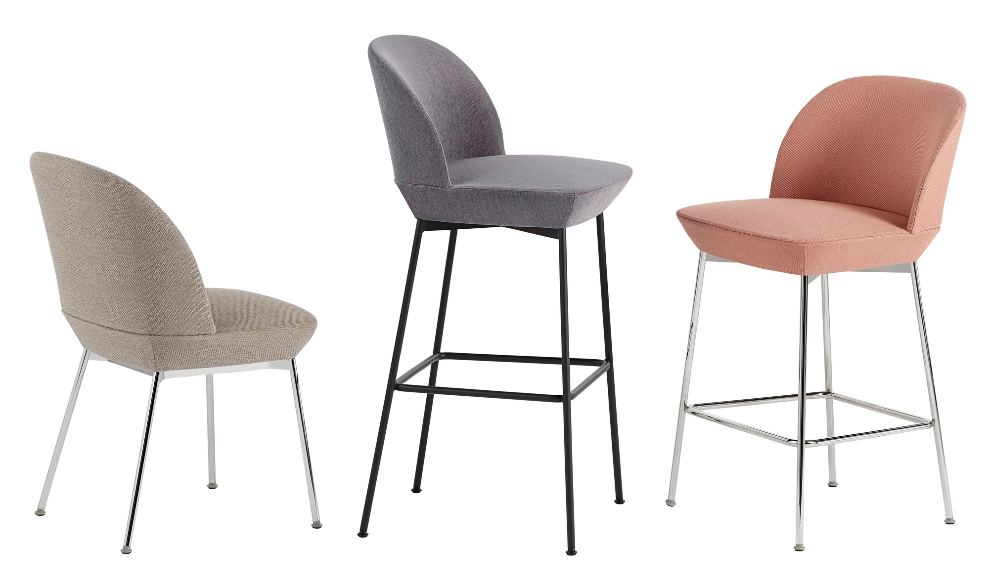 Drei Oslo Bar Stools von Muuto in Beige, Grau und Rosa mit Metallgestell.