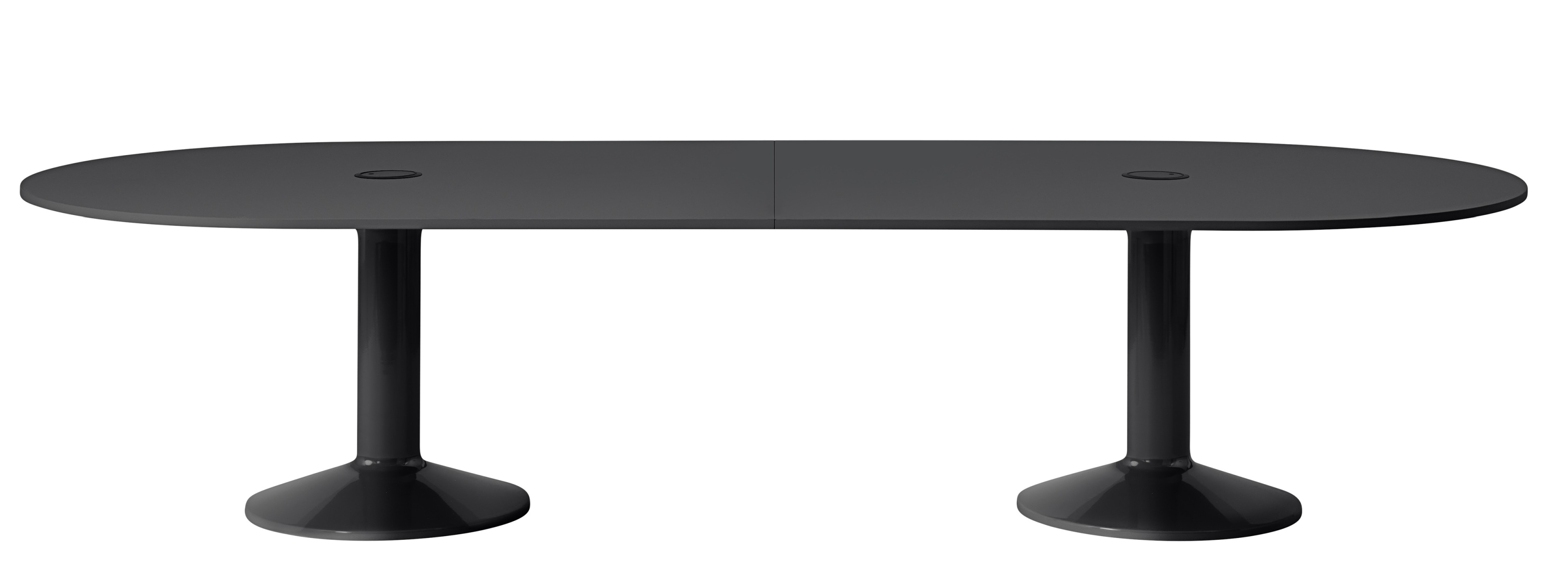 Schwarzer Muuto Midst Conference Table Konferenztisch mit ovaler Tischplatte und zwei runden Tischbeinen.
