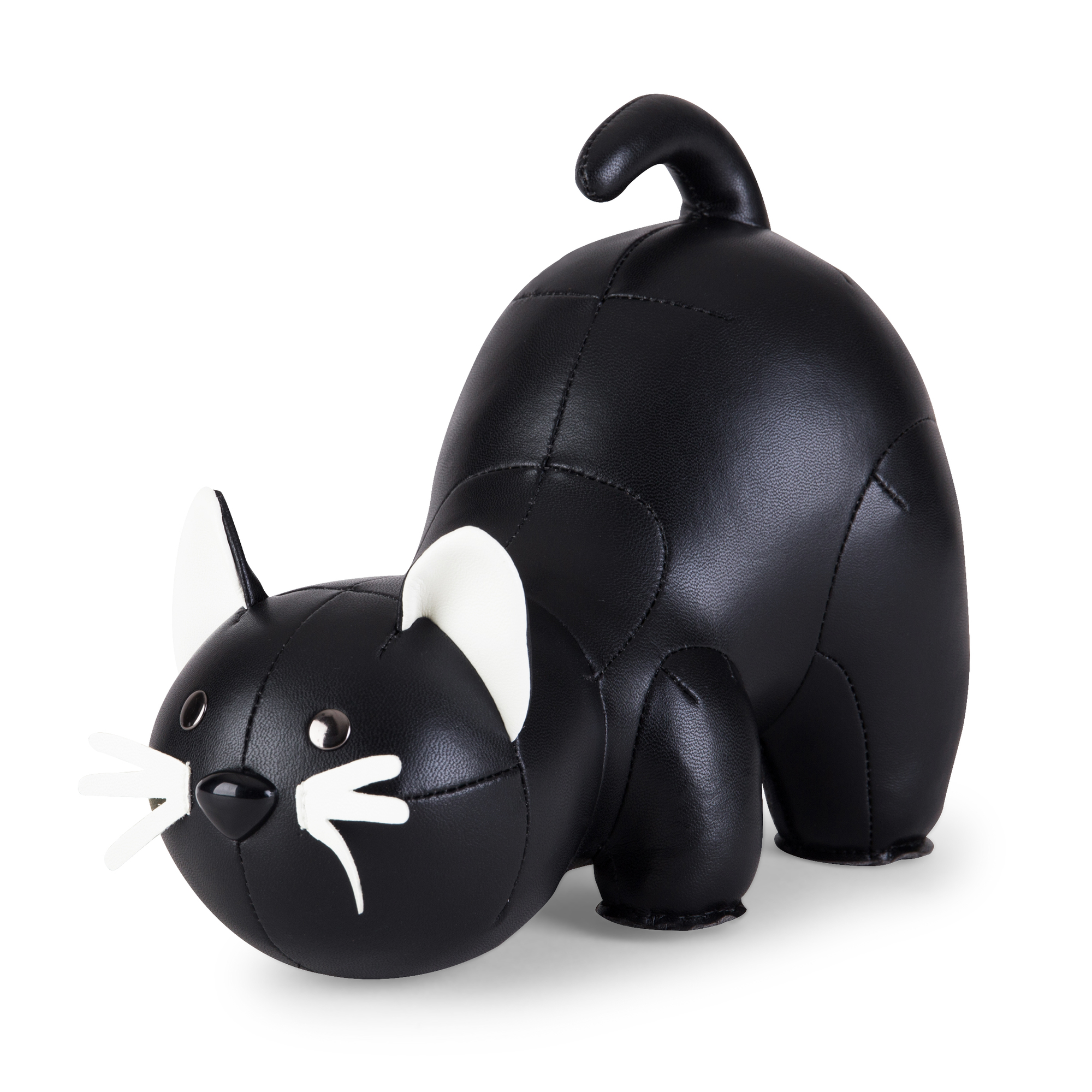 Buchstütze Classic Katze Schwarz von Züny: Schwarze, katzenförmige Buchstütze aus Kunstleder mit weißen Akzenten.