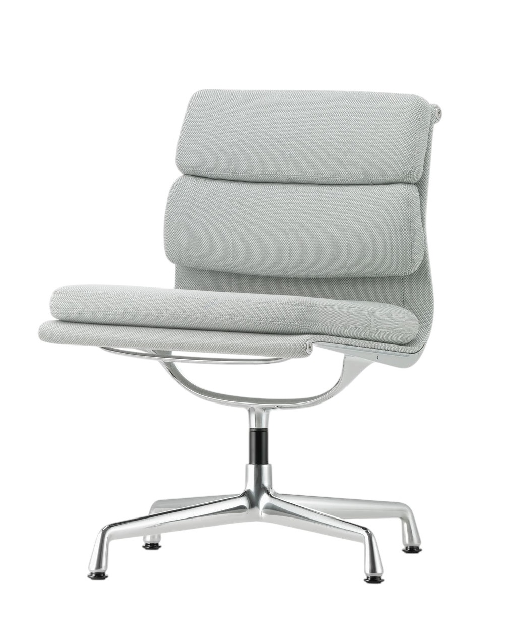 Vitra EA 205 Soft Pad Chair in Hellgrau mit Aluminiumfuß und Armlehnen, Frontansicht.