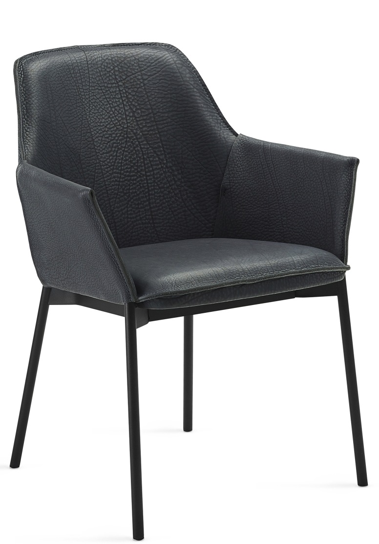 Grace Lounge Chair High von Freifrau Manufaktur: Eleganter Stuhl mit schwarzem Lederbezug und filigranem Metallgestell.
