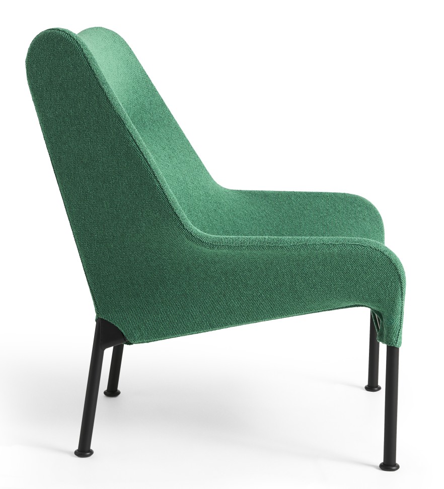 Grüner 02 Lounge Chair Sessel von Hay mit schwarzen Beinen, Seitenansicht, moderner Stoffbezug.