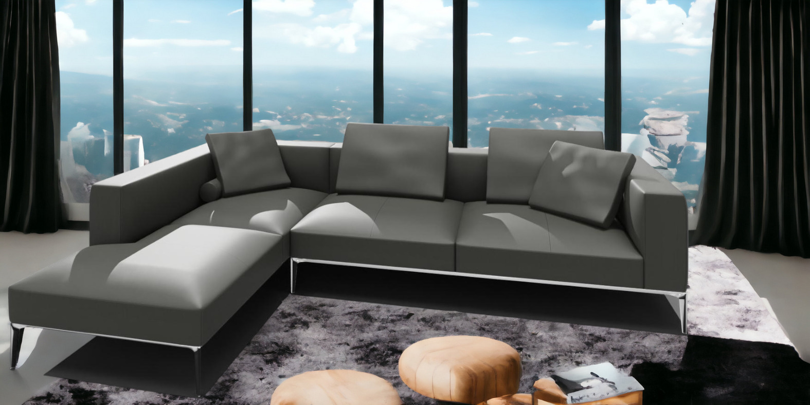 Jaan Living Sofa, 3-Sitzer Ledersofa in Mineralgrau mit Kissen und Komfortrollen.