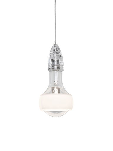 Johnny B. Good Lampe von Ingo Maurer: Transparente Hängeleuchte in Glühbirnenform mit weißem Leuchtband.