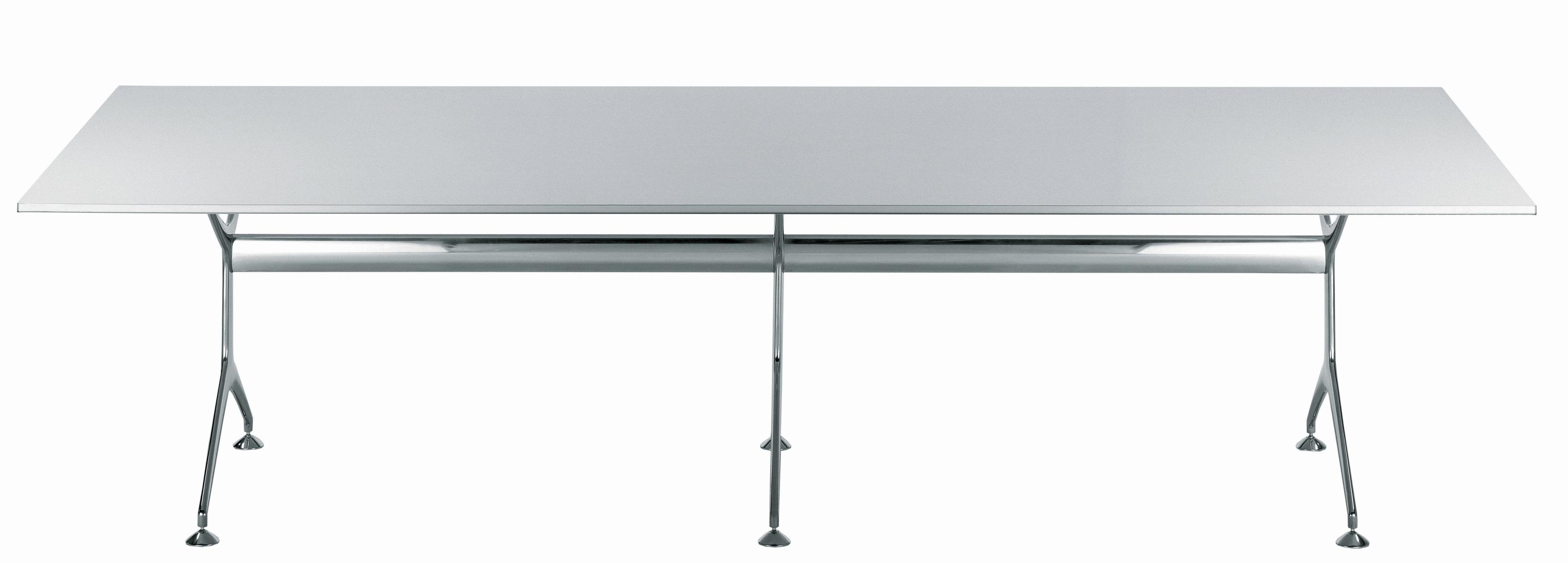 Frametable Tisch mit rechteckiger, silberner Tischplatte und verchromtem Metallgestell für Büro und Konferenz.