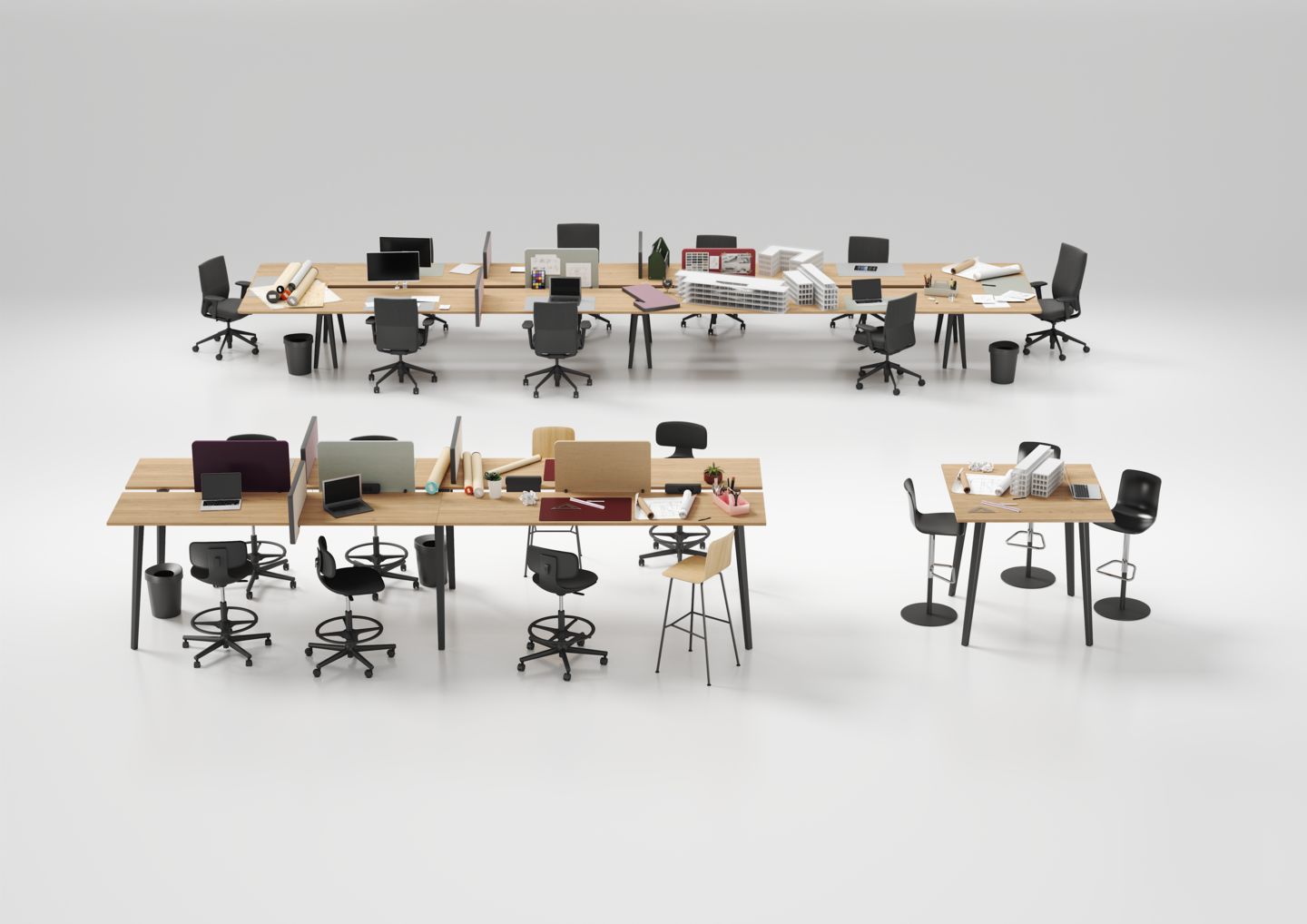 Helle Bürolandschaft mit Holztischen, schwarzen Rookie High Drehstühlen von Vitra und Bürobedarf.