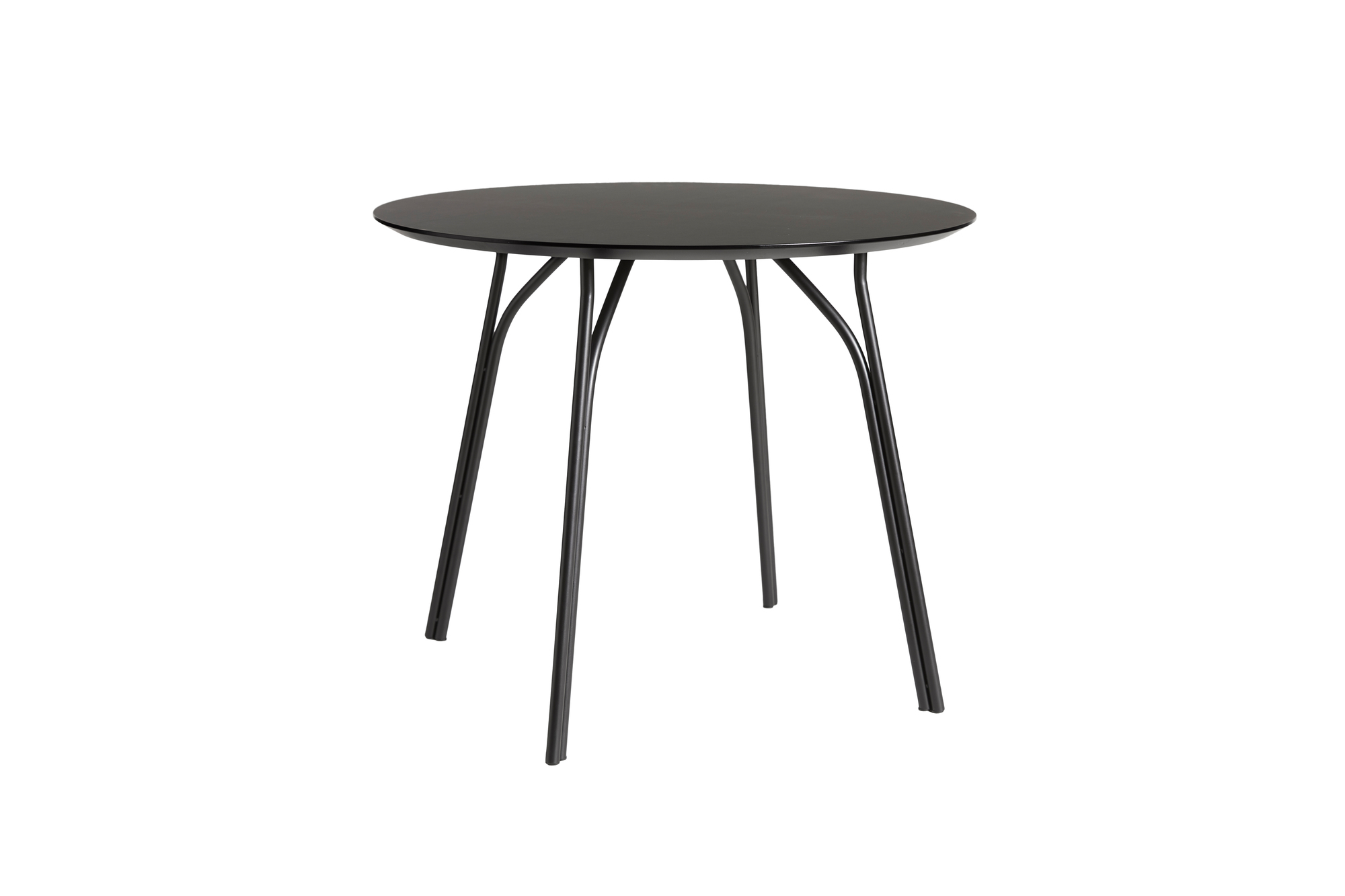 Tree Esstisch von Woud: Runder Tisch mit schwarzem Gestell und Tischplatte in Beige.