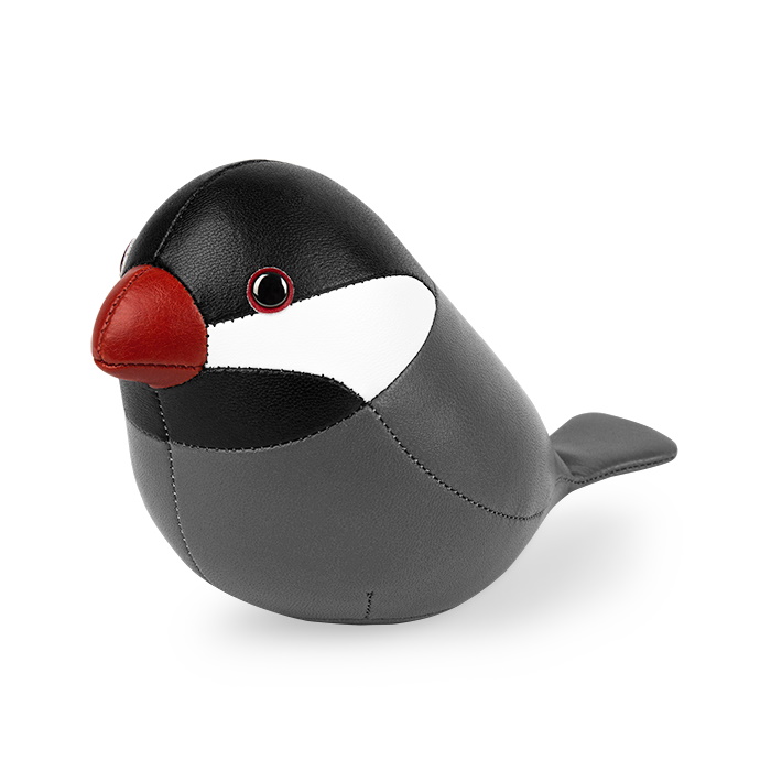 Schwarzer Java Spatz Briefbeschwerer von Züny aus Kunstleder, dekoratives Accessoire für Schreibtisch und Büro.