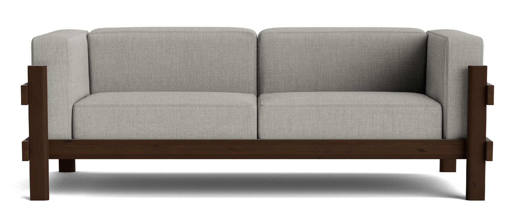 Graues Kube Sofa von Normann Copenhagen mit dunklem Holzrahmen, modernes Design für Wohnzimmer und Lounge.