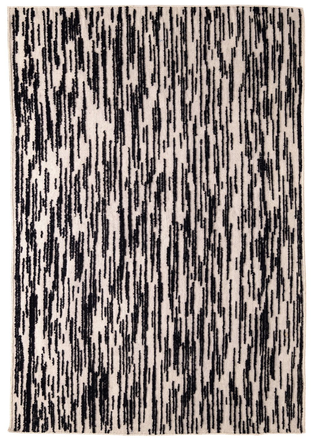 Doblecara Teppich von Nanimarquina: Rechteckiger Teppich mit abstraktem, vertikalem Streifenmuster in Schwarz und Beige.