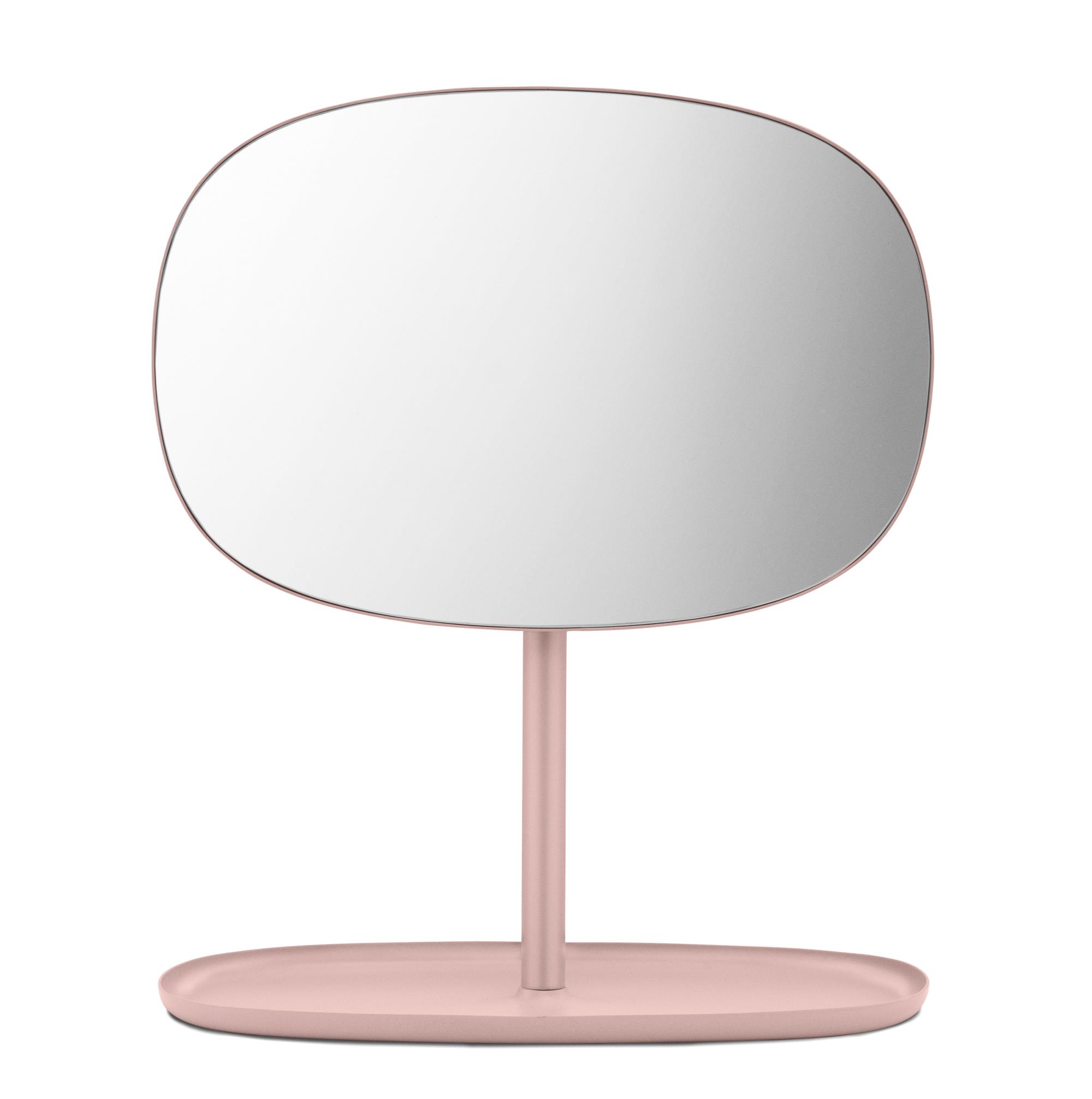 Rosa Flip Spiegel von Normann Copenhagen mit ovalem Spiegelglas und Ablage für Kosmetikartikel.